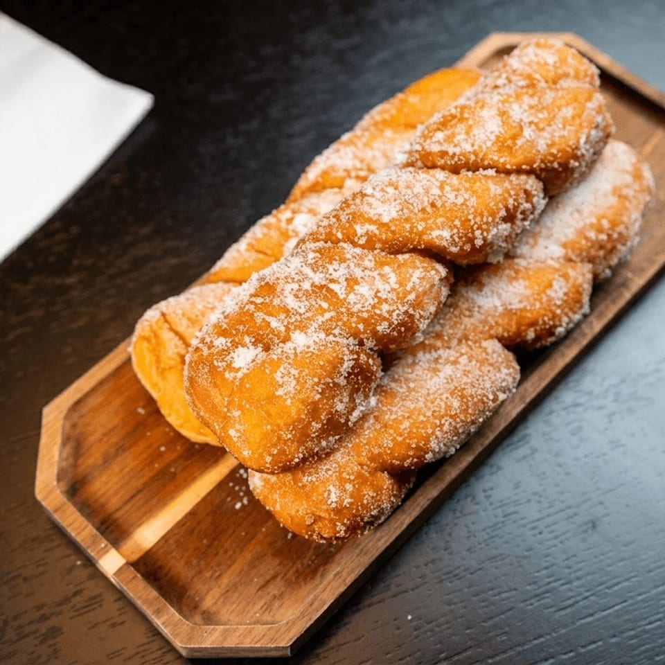 Sugar-dusted twisted donuts on a wooden tray, with cutlery and a napkin in the background.