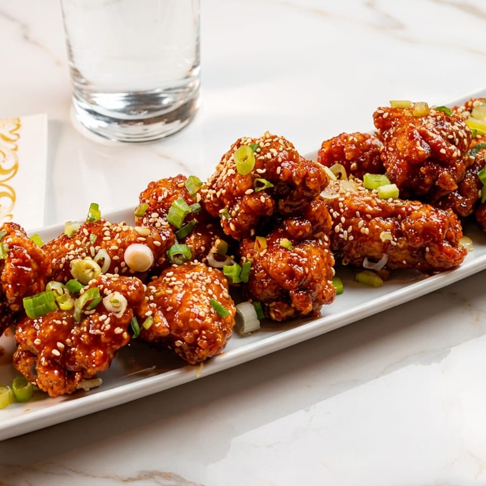 Crispy glazed chicken wings topped with sesame seeds and chopped green onions on a white platter.